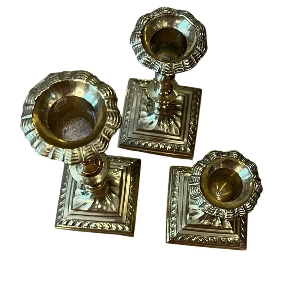 3 Hosley Solid Brass Graduated Candlesticks Lots Of Detail 7.25”, 5.5”, 3.75”